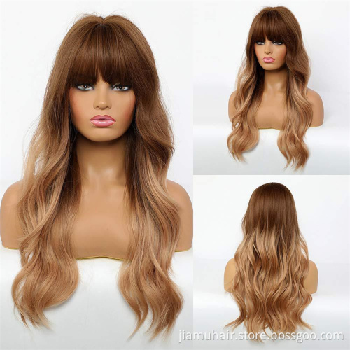 Long Brown Ombre Synthetic Wigs Water Wave Women's Wigs with Bangs Heat Resistant African American Hair